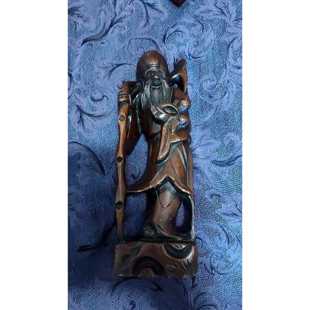 Shou Lao Carved Wood Figure Chinese God of Longevity Staff Peach Export Style